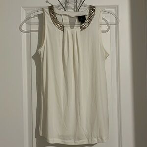 Worthington cream sleeveless top with gunmetal and bronze sequin neck detail